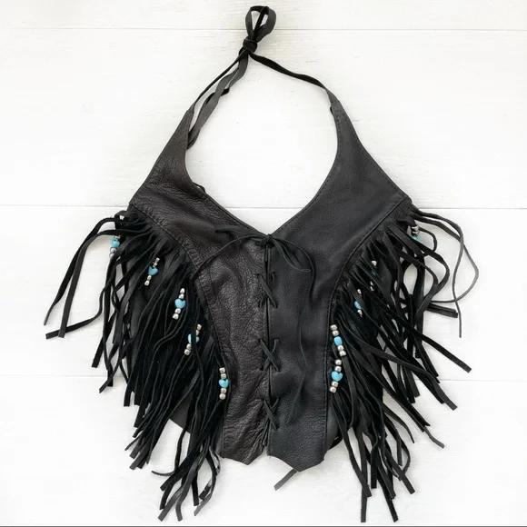 Harley-Davidson Tops Black Leather Fringe Lace Up Halter Top